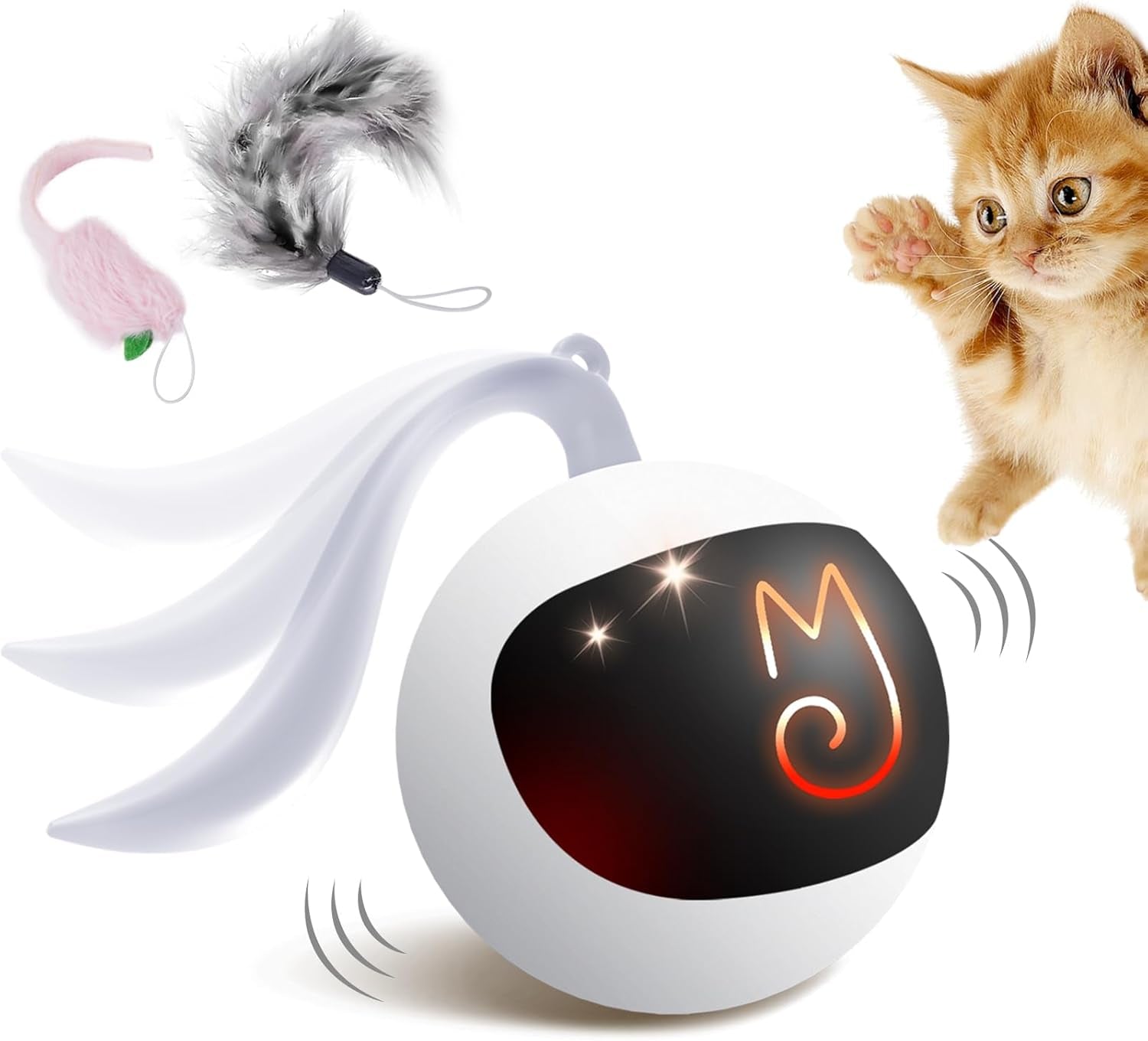 Interactive Cat Ball Toy Set - Automatic Rolling Chase Ball with Fluffy Tail and Small Mouse, Rechargeable (White)