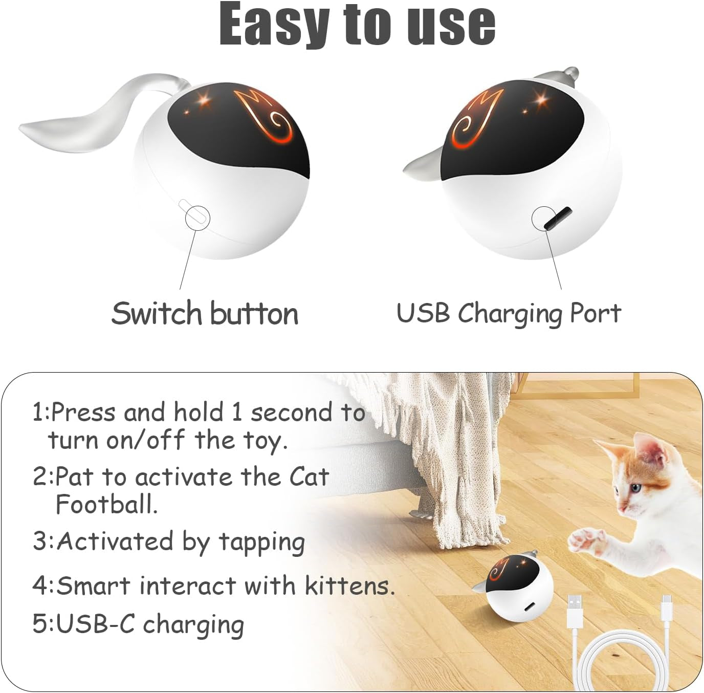 Interactive Cat Ball Toy Set - Automatic Rolling Chase Ball with Fluffy Tail and Small Mouse, Rechargeable (White)