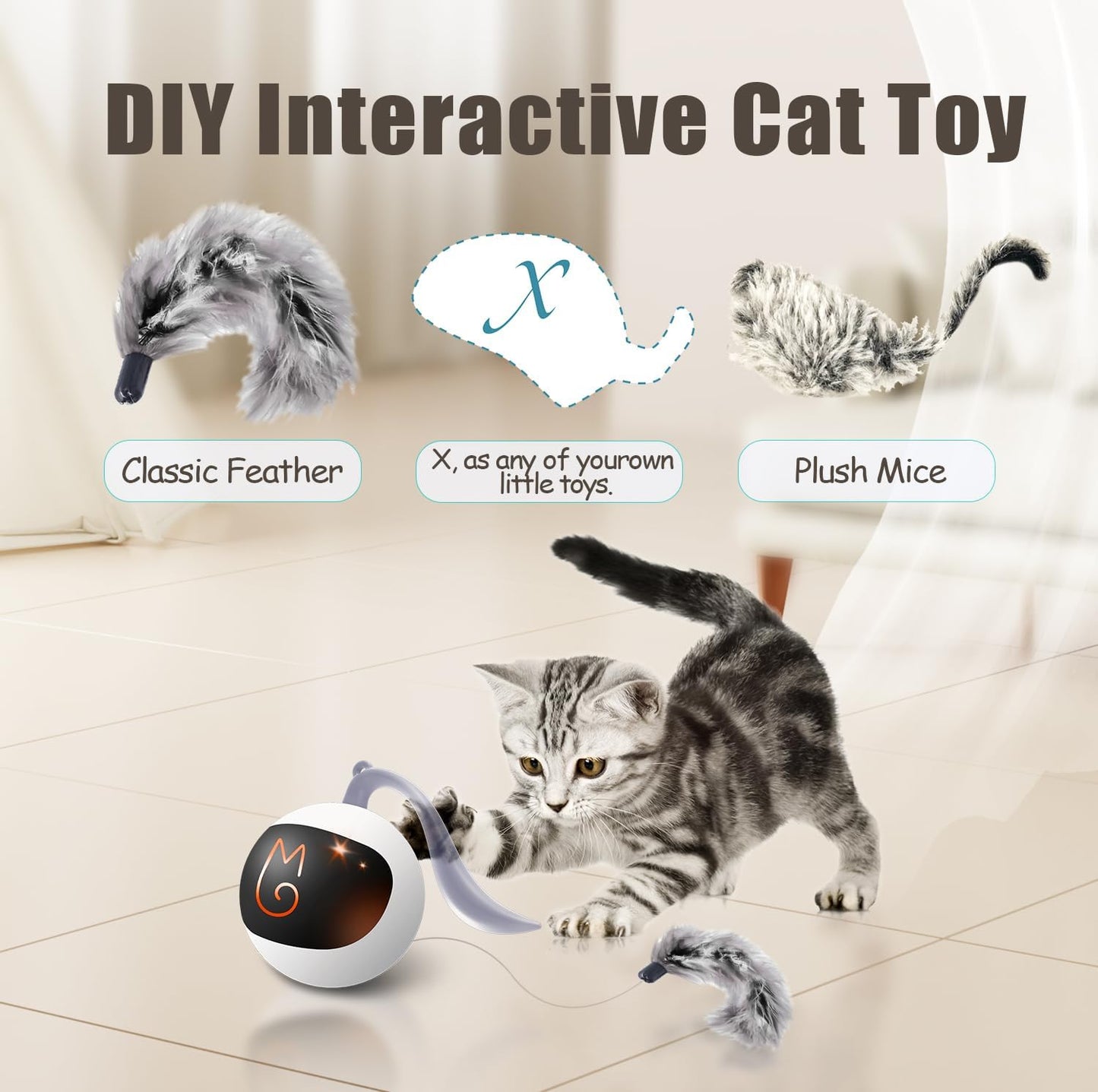 Interactive Cat Ball Toy Set - Automatic Rolling Chase Ball with Fluffy Tail and Small Mouse, Rechargeable (White)
