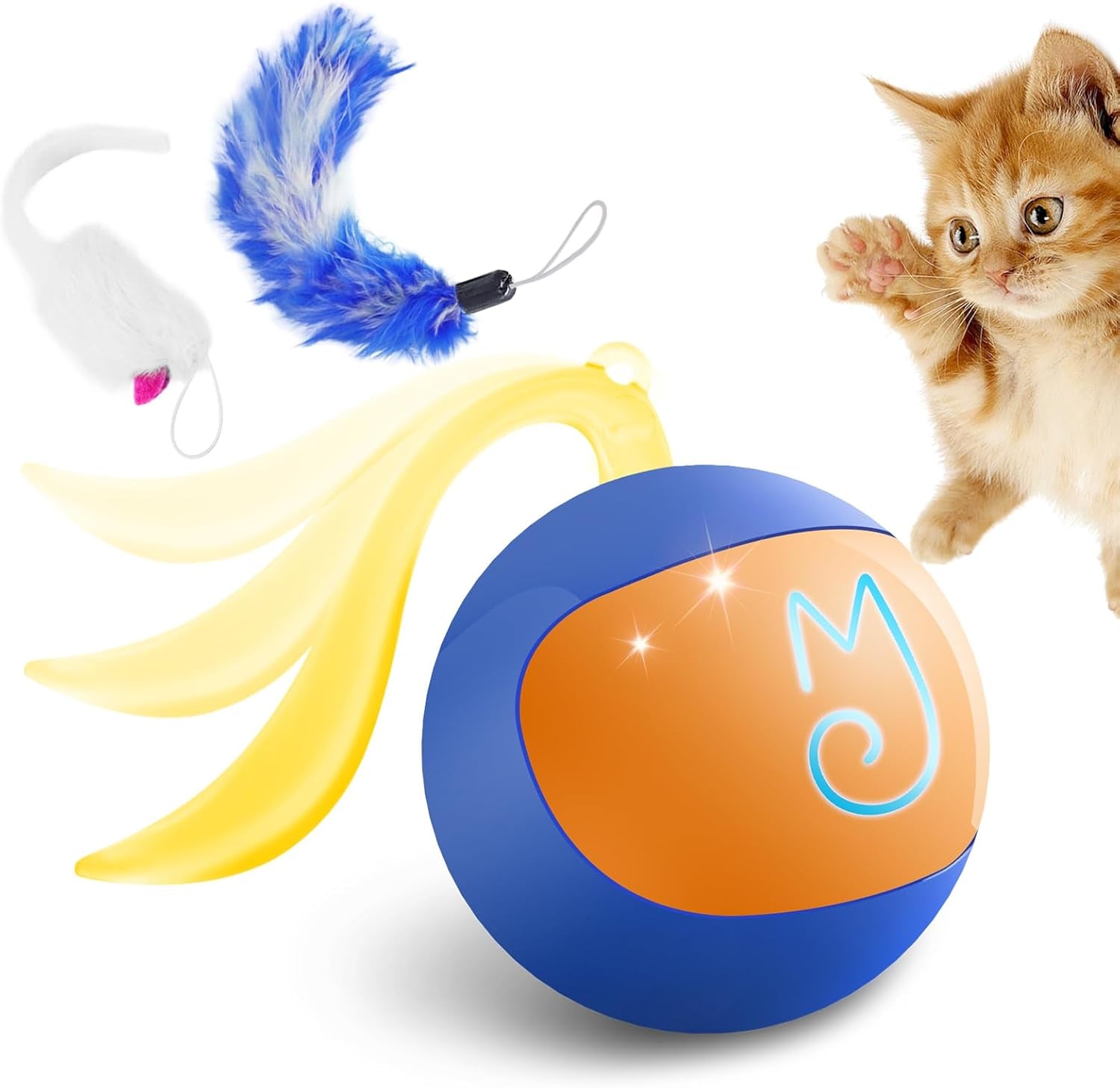 Interactive Cat Ball Toy Set - Automatic Rolling Chase Ball with Fluffy Tail and Small Mouse, Rechargeable (White)