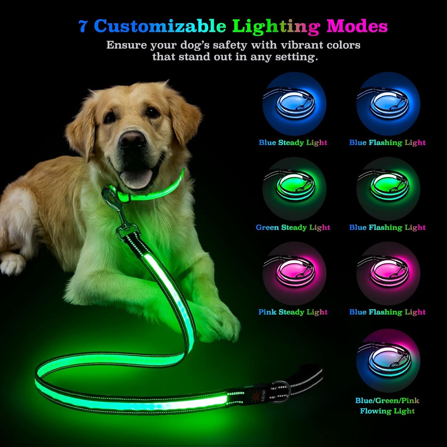 Rechargeable LED Pet Leash with 7 Lighting Modes