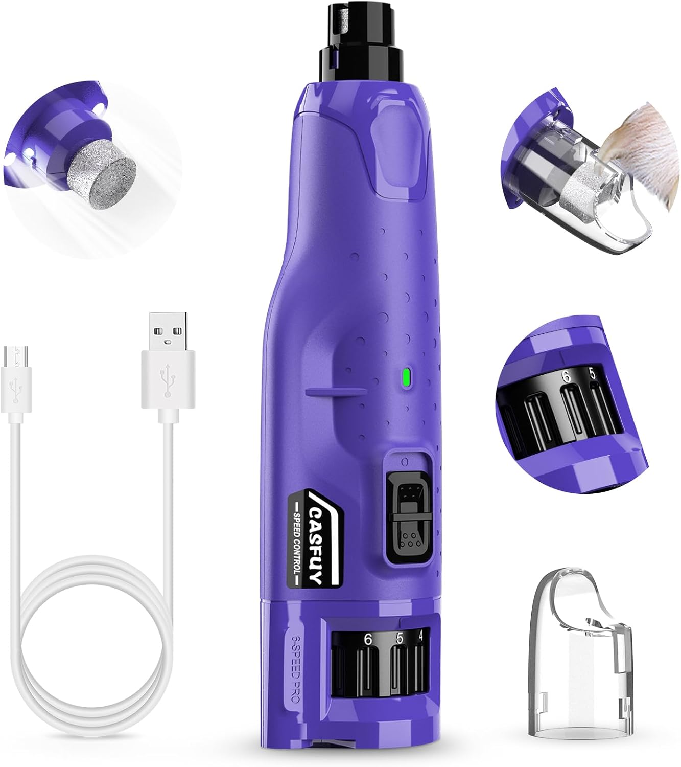 Professional Quiet Dog Nail Grinder - 6-Speed Rechargeable Electric Trimmer with 2 LED Lights and Dust Cap for Large, Medium, and Small Dogs/Cats