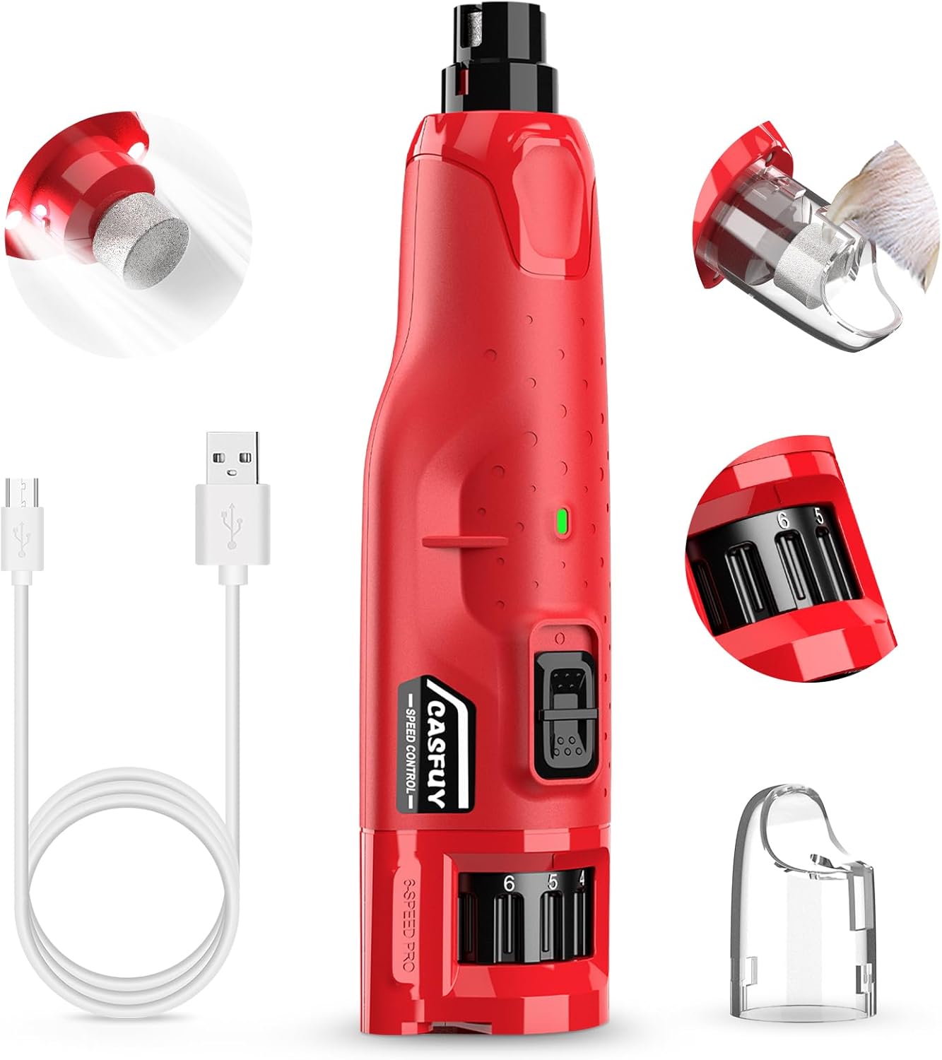 Professional Quiet Dog Nail Grinder - 6-Speed Rechargeable Electric Trimmer with 2 LED Lights and Dust Cap for Large, Medium, and Small Dogs/Cats