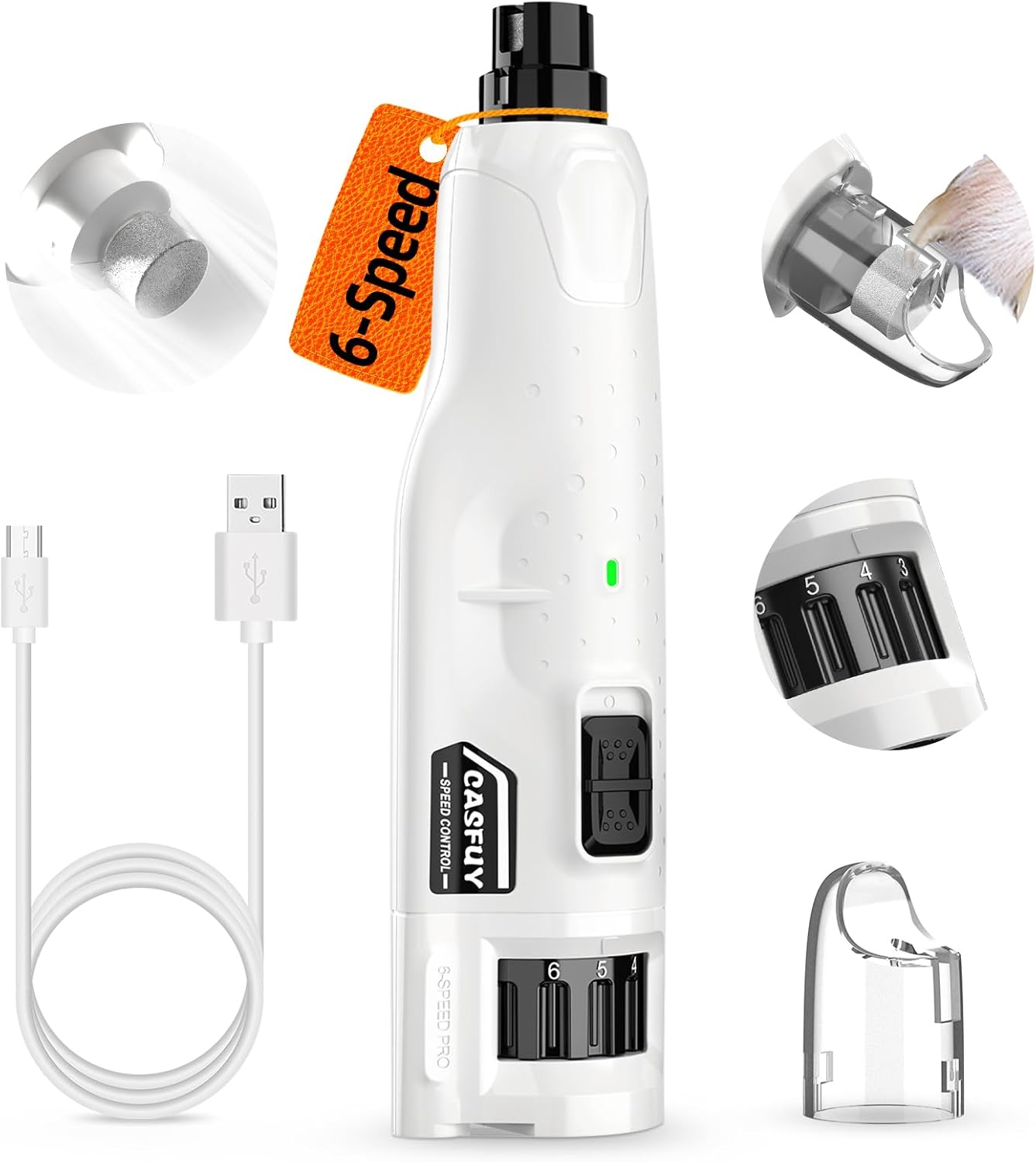 Professional Quiet Dog Nail Grinder - 6-Speed Rechargeable Electric Trimmer with 2 LED Lights and Dust Cap for Large, Medium, and Small Dogs/Cats