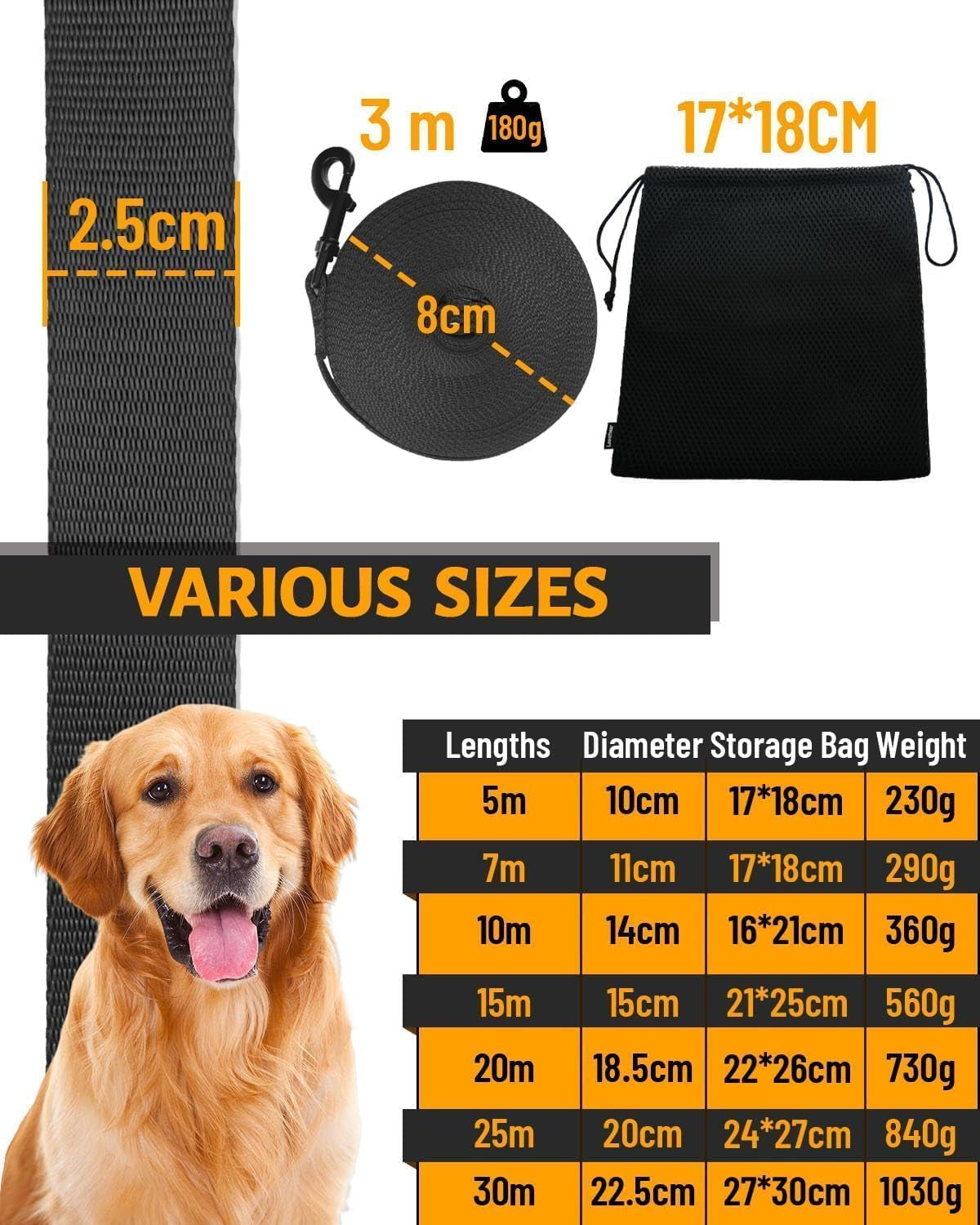 Dog Training Lead with Padded Handle & Storage Bag