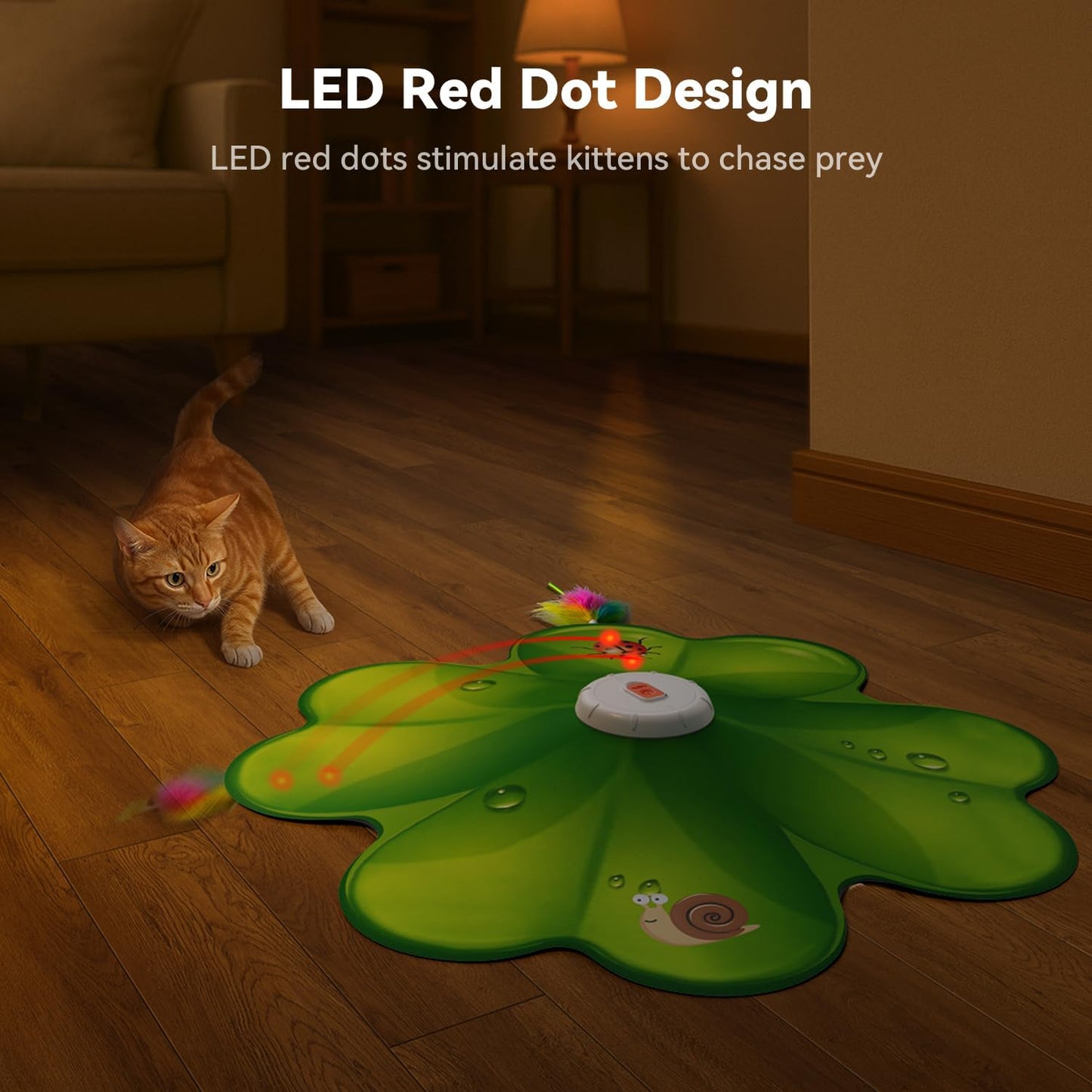 Interactive Cat Toy with Movable LED Red Dot and Concealed Feathers - Rechargeable Exercise Toy for Indoor Cats and Bored Adult Cats