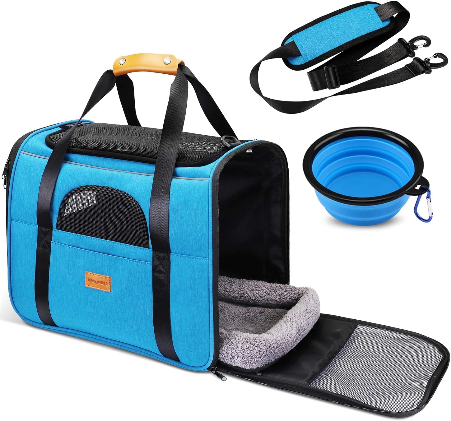 Portable Pet Carrier Bag, Top Opening, Removable Mat and Breathable Mesh, Foldable Transport Carrier for Dogs and Cats, with Shoulder Strap and Pet Bowl, Grey