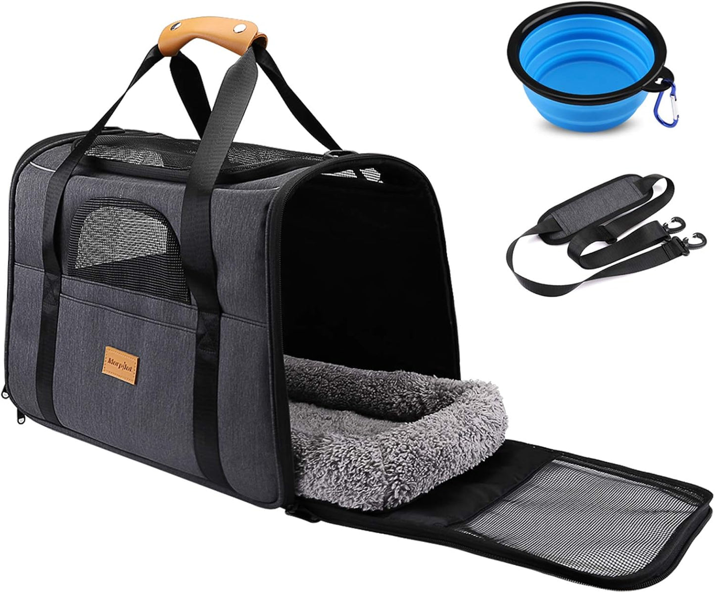 Portable Pet Carrier Bag, Top Opening, Removable Mat and Breathable Mesh, Foldable Transport Carrier for Dogs and Cats, with Shoulder Strap and Pet Bowl, Grey