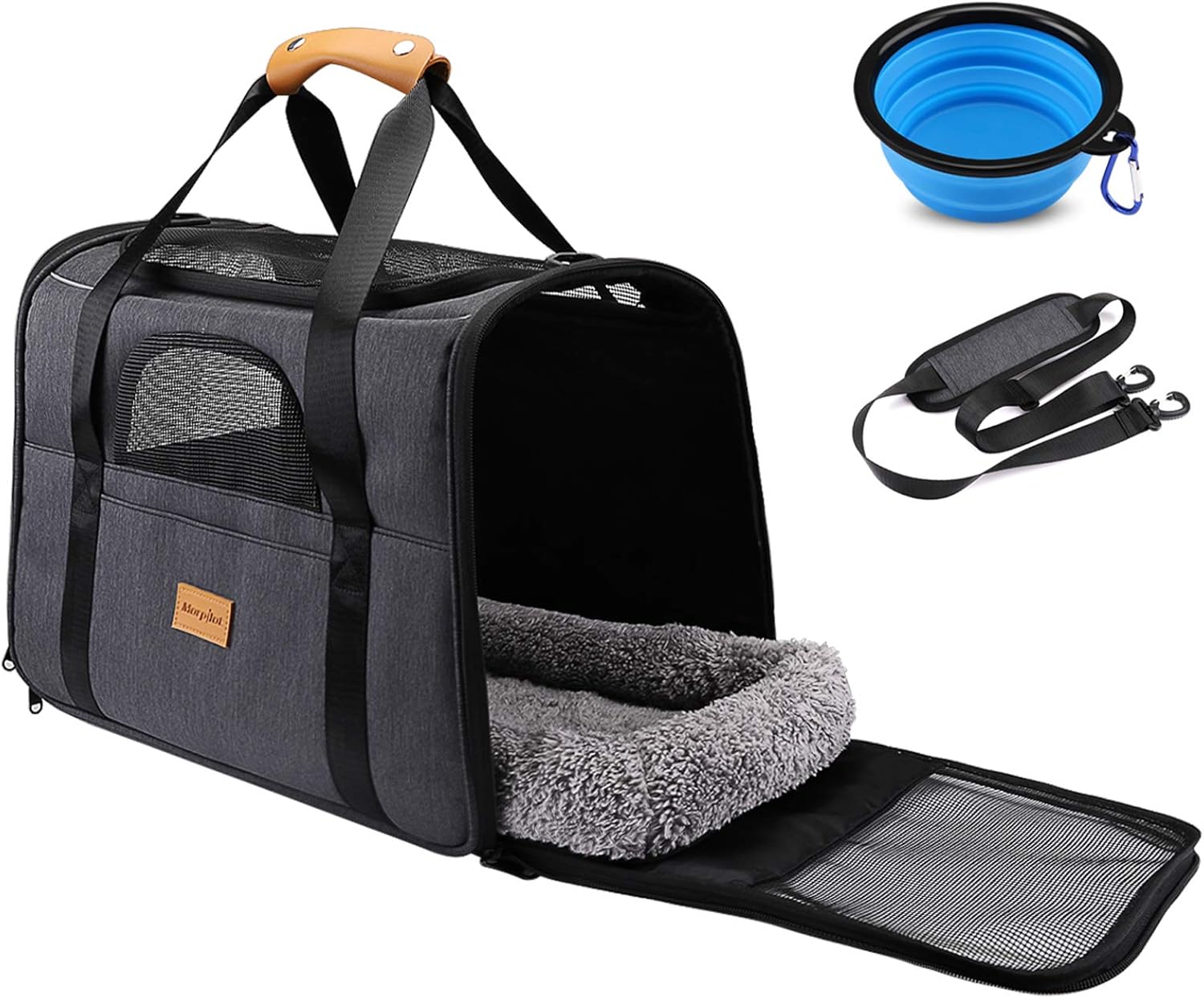 Portable Pet Carrier Bag, Top Opening, Removable Mat and Breathable Mesh, Foldable Transport Carrier for Dogs and Cats, with Shoulder Strap and Pet Bowl, Grey