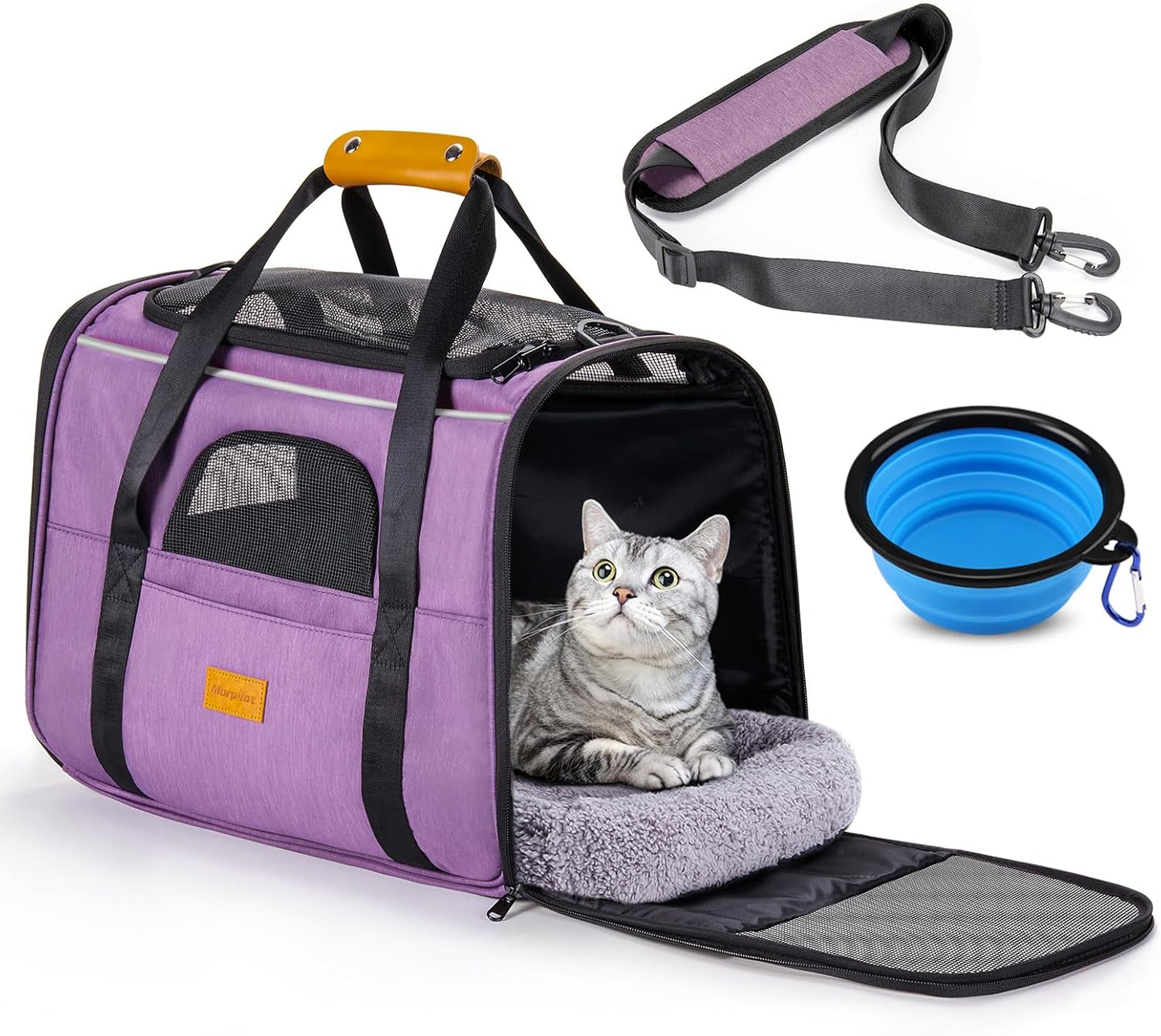 Portable Pet Carrier Bag, Top Opening, Removable Mat and Breathable Mesh, Foldable Transport Carrier for Dogs and Cats, with Shoulder Strap and Pet Bowl, Grey