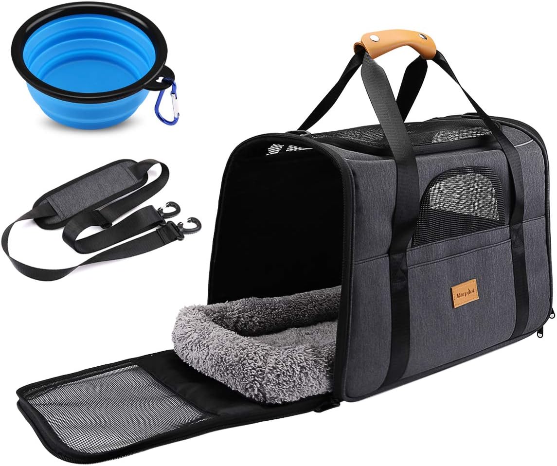 Portable Pet Carrier Bag, Top Opening, Removable Mat and Breathable Mesh, Foldable Transport Carrier for Dogs and Cats, with Shoulder Strap and Pet Bowl, Grey
