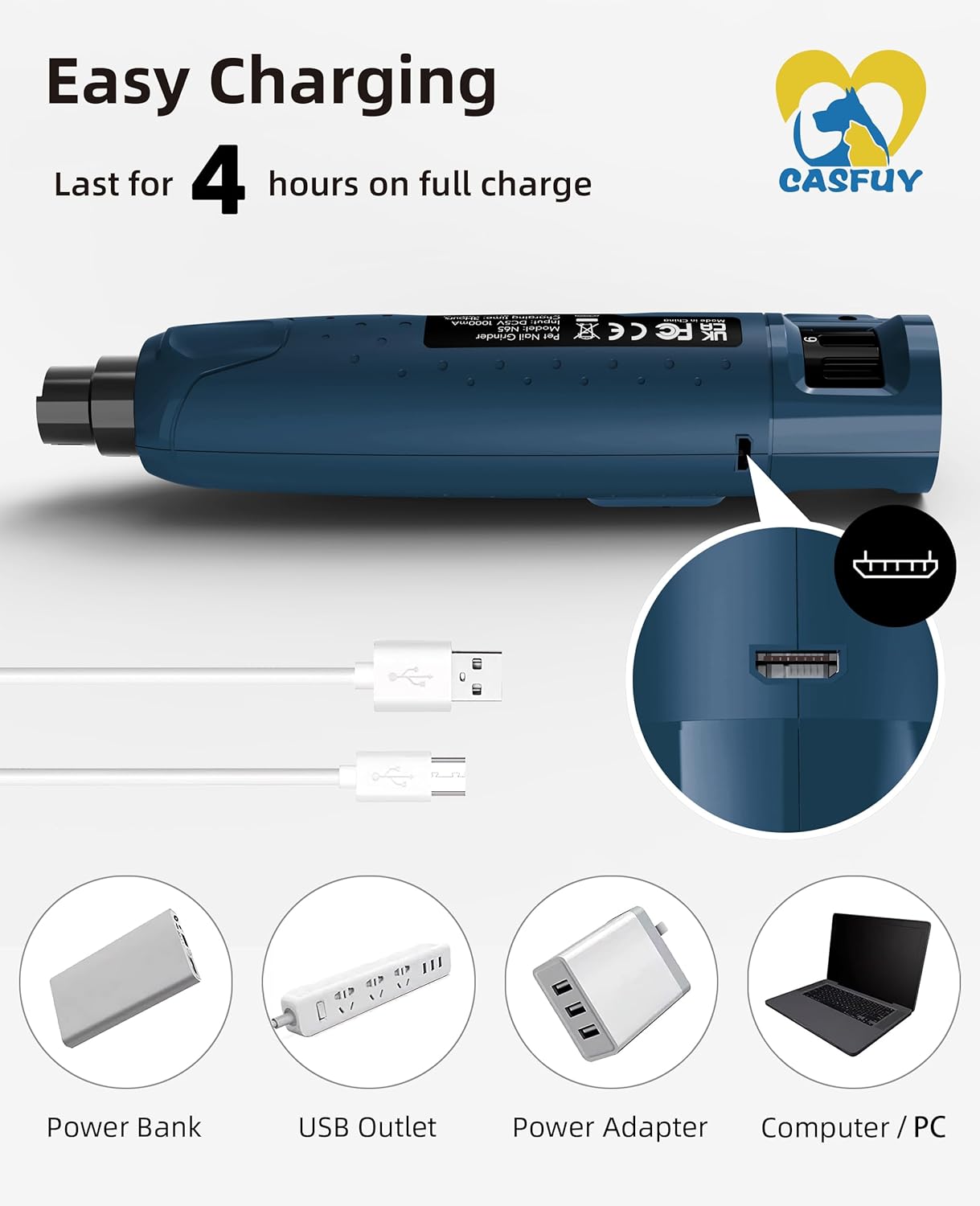 Professional Quiet Dog Nail Grinder - 6-Speed Rechargeable Electric Trimmer with 2 LED Lights and Dust Cap for Large, Medium, and Small Dogs/Cats