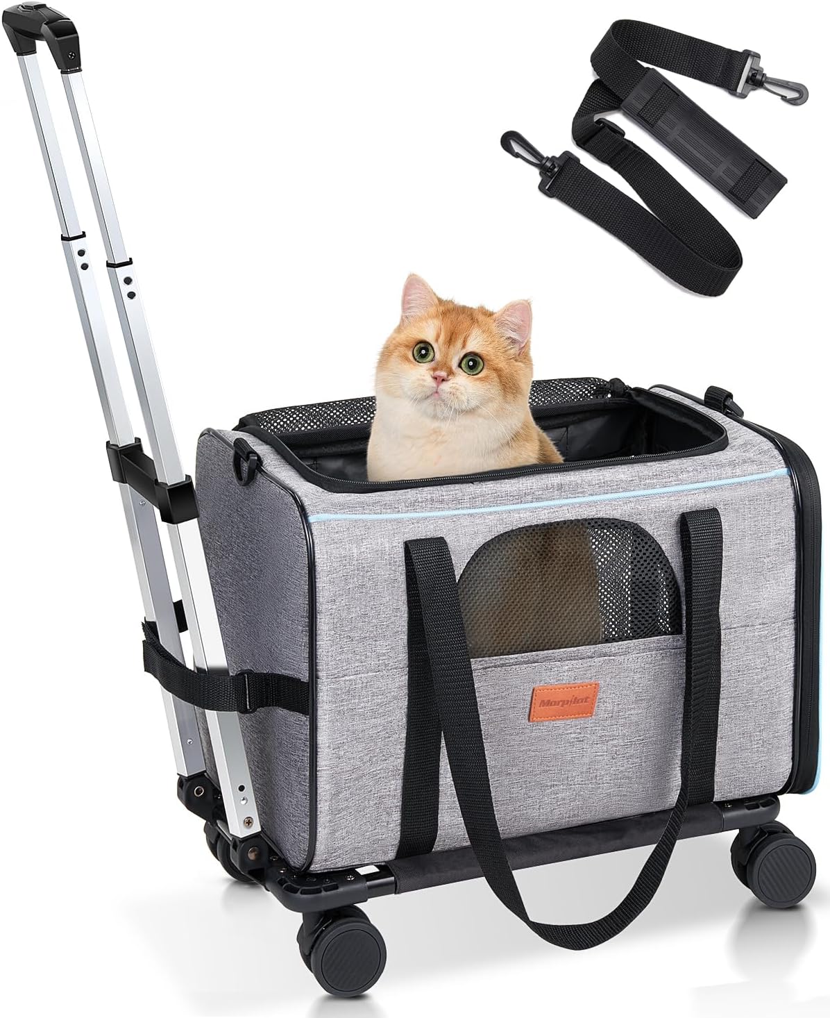Portable Pet Carrier Bag, Top Opening, Removable Mat and Breathable Mesh, Foldable Transport Carrier for Dogs and Cats, with Shoulder Strap and Pet Bowl, Grey