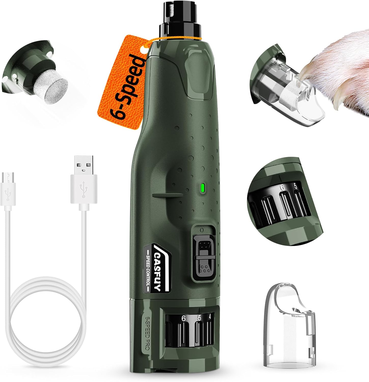 Professional Quiet Dog Nail Grinder - 6-Speed Rechargeable Electric Trimmer with 2 LED Lights and Dust Cap for Large, Medium, and Small Dogs/Cats
