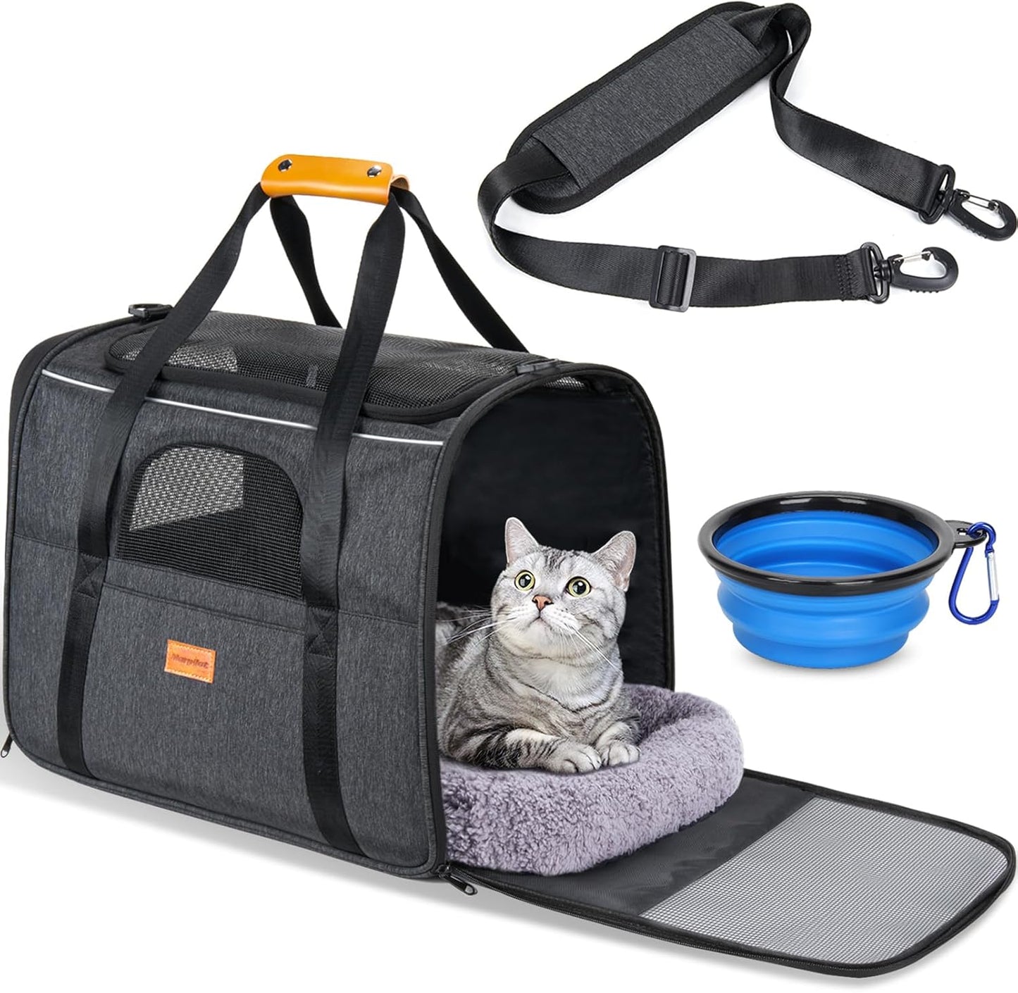 Portable Pet Carrier Bag, Top Opening, Removable Mat and Breathable Mesh, Foldable Transport Carrier for Dogs and Cats, with Shoulder Strap and Pet Bowl, Grey