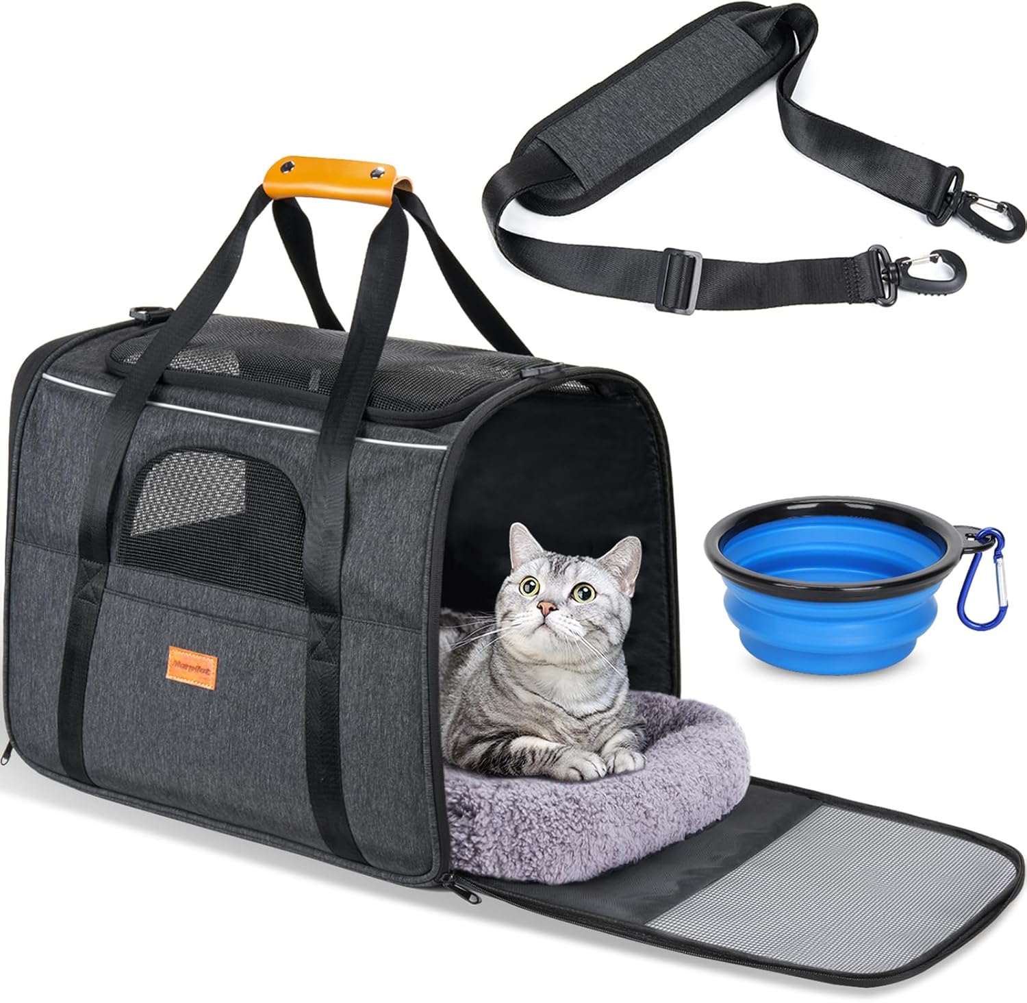 Portable Pet Carrier Bag, Top Opening, Removable Mat and Breathable Mesh, Foldable Transport Carrier for Dogs and Cats, with Shoulder Strap and Pet Bowl, Grey