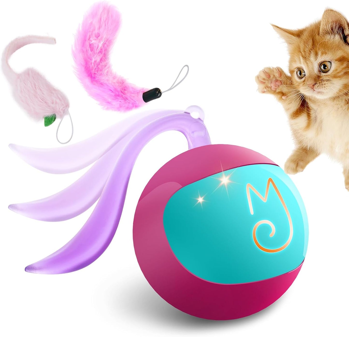 Interactive Cat Ball Toy Set - Automatic Rolling Chase Ball with Fluffy Tail and Small Mouse, Rechargeable (White)