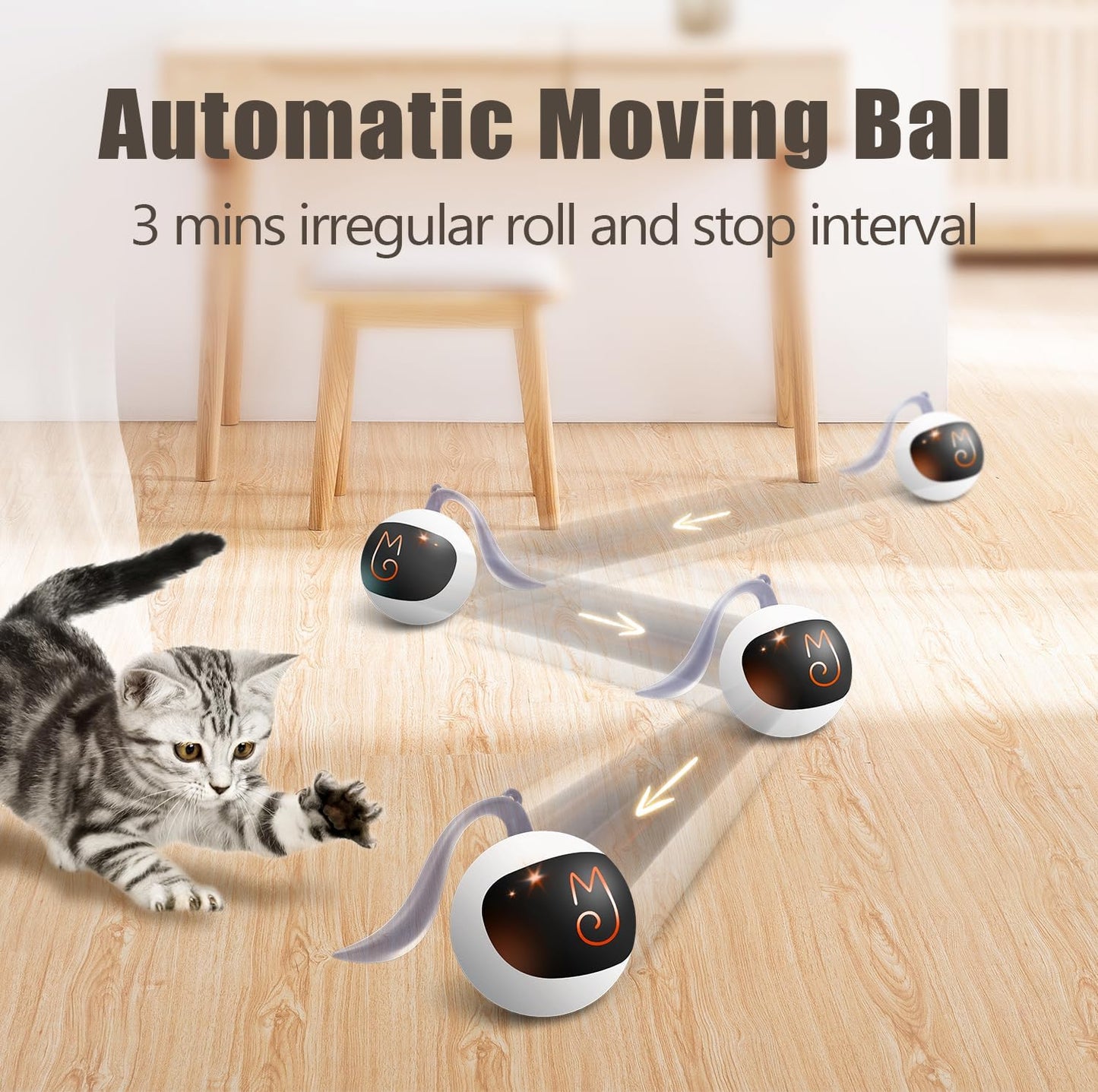 Interactive Cat Ball Toy Set - Automatic Rolling Chase Ball with Fluffy Tail and Small Mouse, Rechargeable (White)