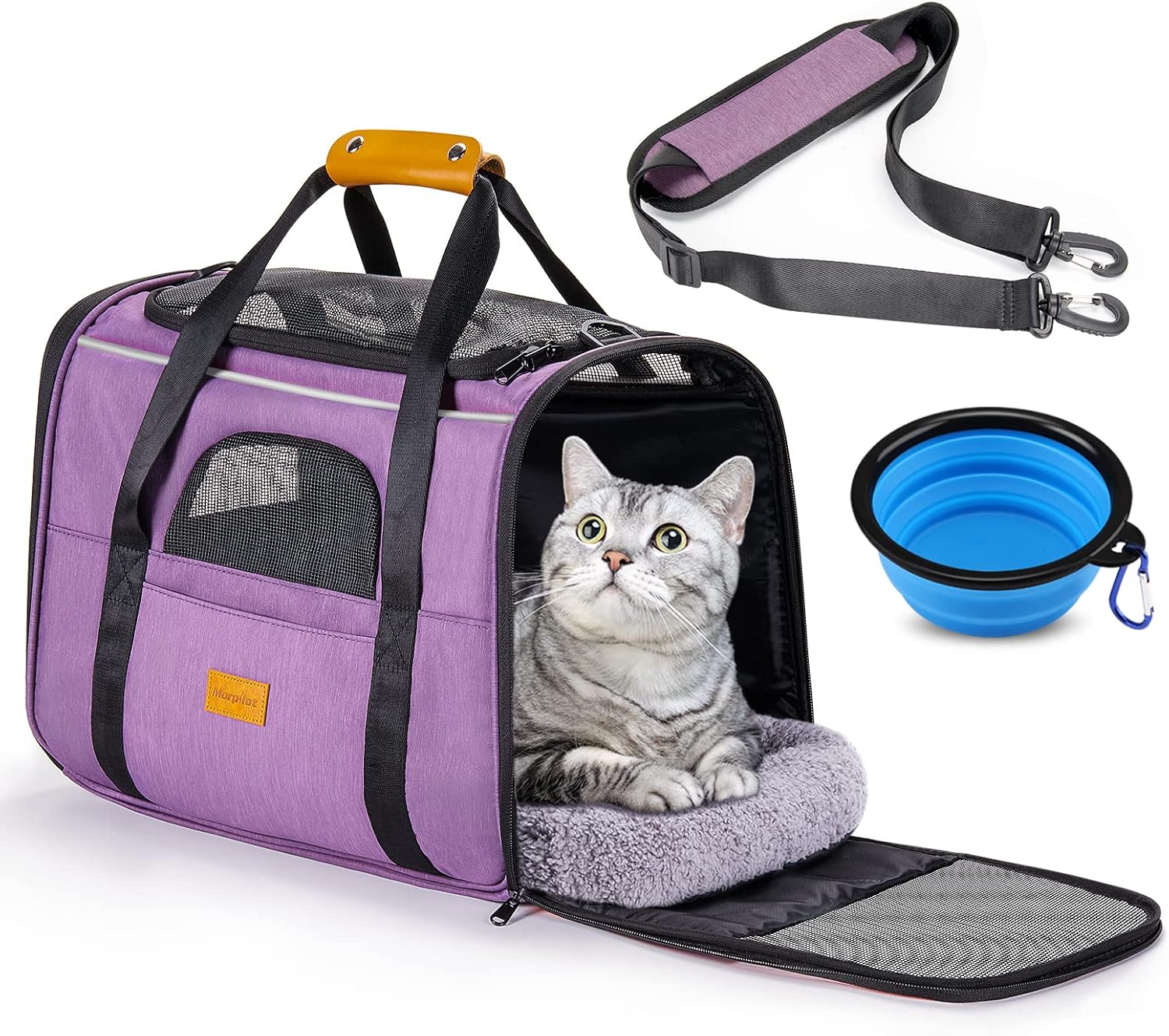 Portable Pet Carrier Bag, Top Opening, Removable Mat and Breathable Mesh, Foldable Transport Carrier for Dogs and Cats, with Shoulder Strap and Pet Bowl, Grey