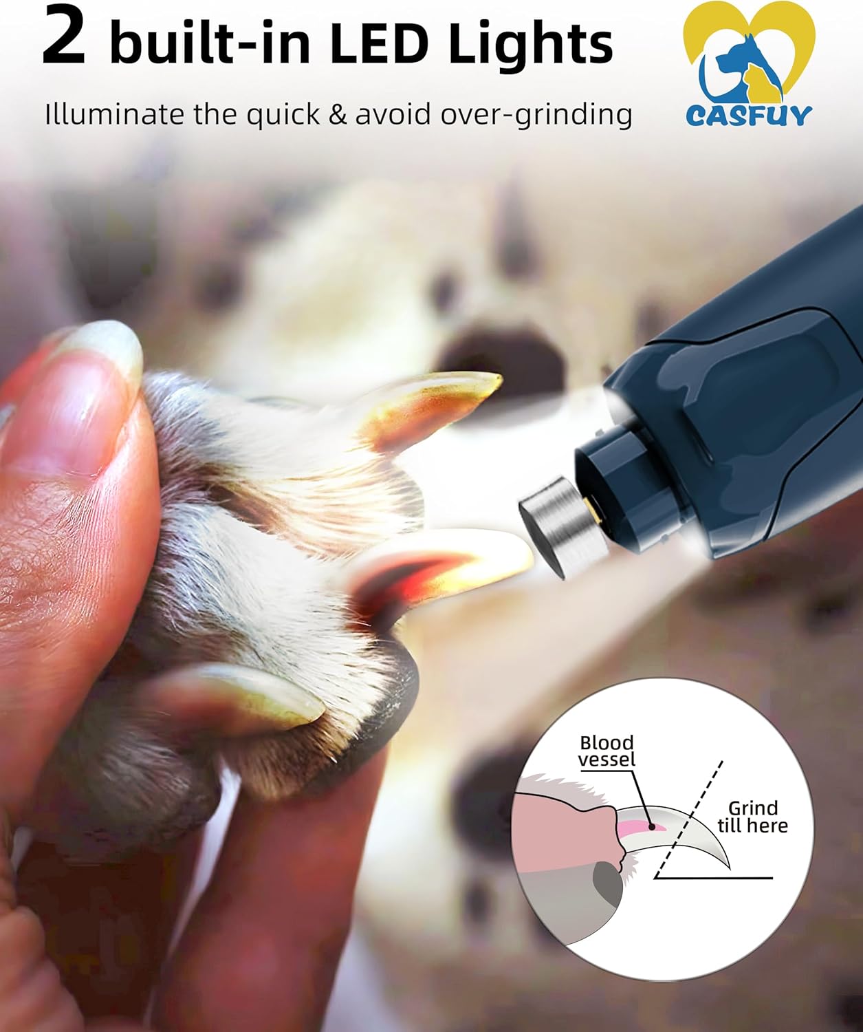 Professional Quiet Dog Nail Grinder - 6-Speed Rechargeable Electric Trimmer with 2 LED Lights and Dust Cap for Large, Medium, and Small Dogs/Cats