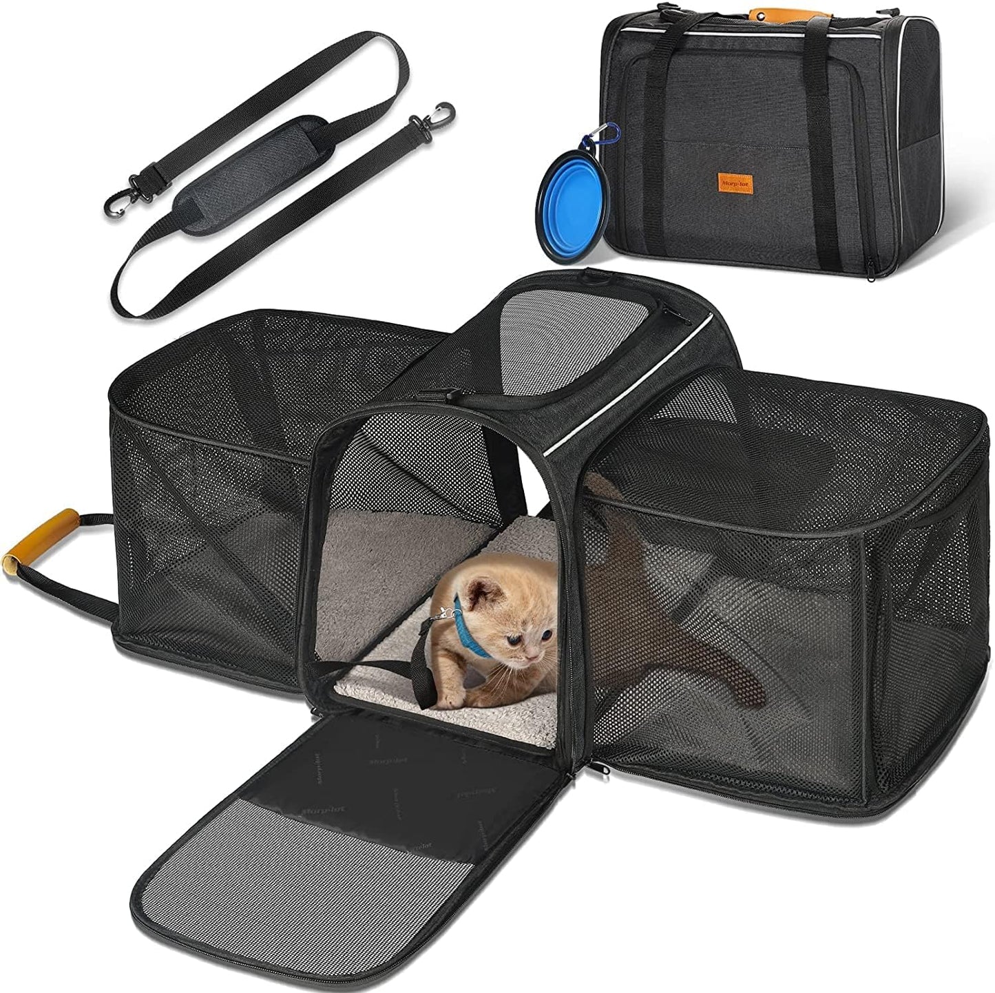Portable Pet Carrier Bag, Top Opening, Removable Mat and Breathable Mesh, Foldable Transport Carrier for Dogs and Cats, with Shoulder Strap and Pet Bowl, Grey