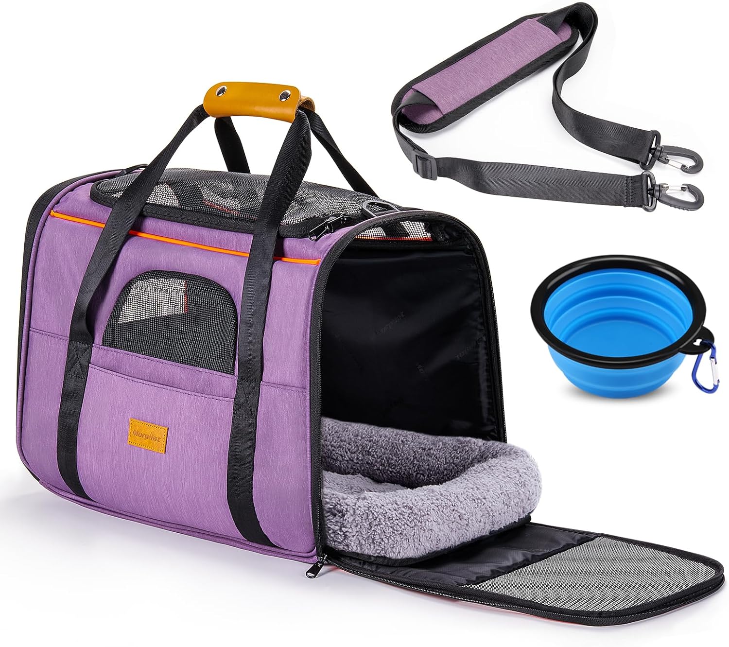 Portable Pet Carrier Bag, Top Opening, Removable Mat and Breathable Mesh, Foldable Transport Carrier for Dogs and Cats, with Shoulder Strap and Pet Bowl, Grey