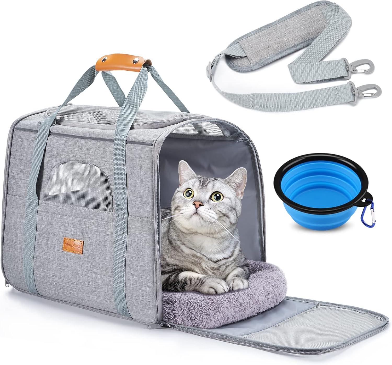 Portable Pet Carrier Bag, Top Opening, Removable Mat and Breathable Mesh, Foldable Transport Carrier for Dogs and Cats, with Shoulder Strap and Pet Bowl, Grey