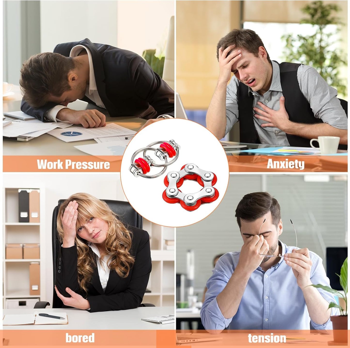 4 Pcs Fidget Toy Set Flippy Roller Chain, Six Roller Fidget Stress Reducer Bike Chain Toys Gift for Adults in Learning ADHD, Add, Autism, Anxiety Relief(Red, Blue)