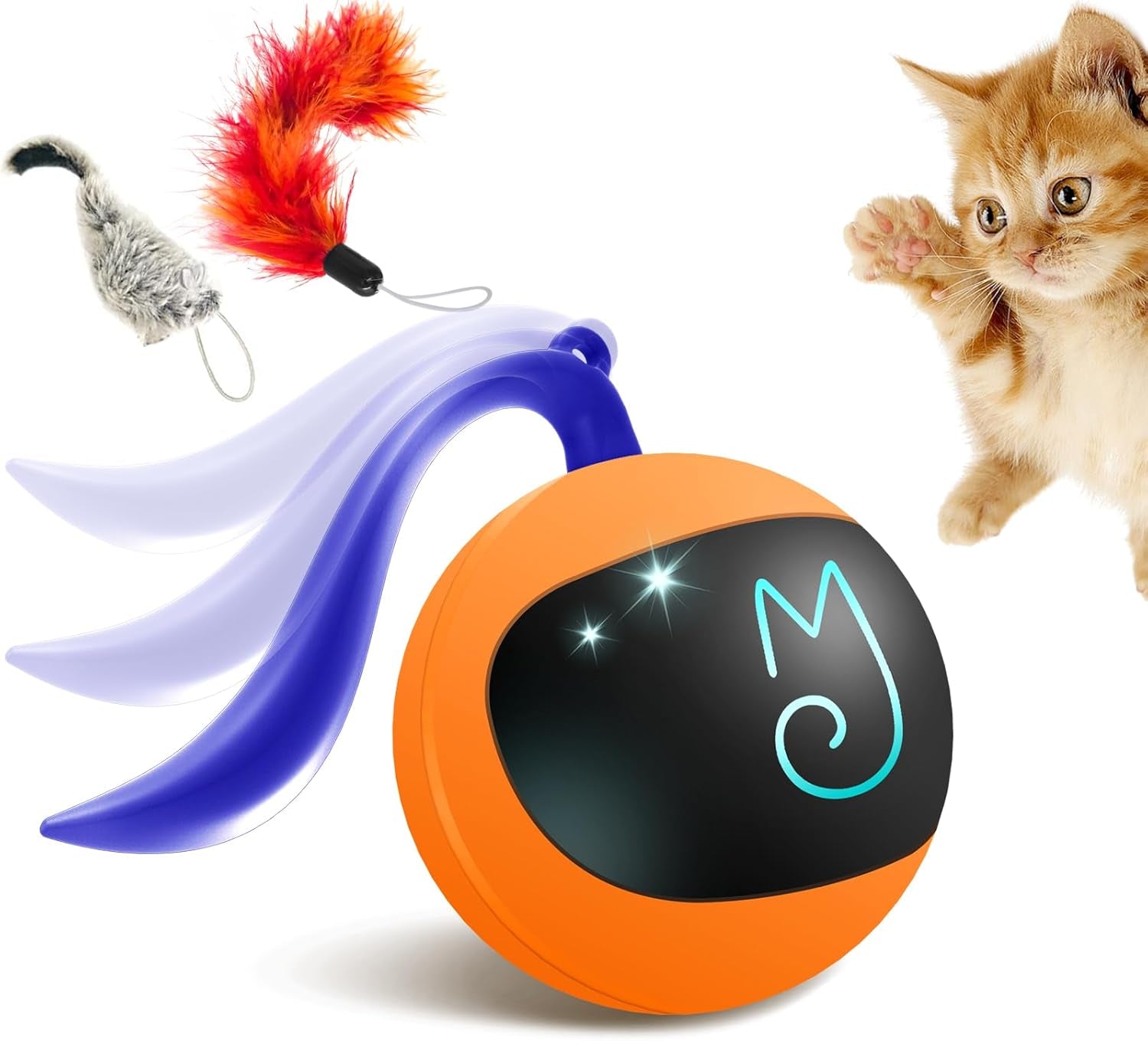 Interactive Cat Ball Toy Set - Automatic Rolling Chase Ball with Fluffy Tail and Small Mouse, Rechargeable (White)