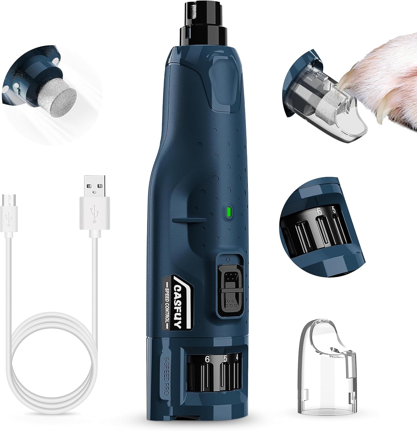 Professional Quiet Dog Nail Grinder - 6-Speed Rechargeable Electric Trimmer with 2 LED Lights and Dust Cap for Large, Medium, and Small Dogs/Cats