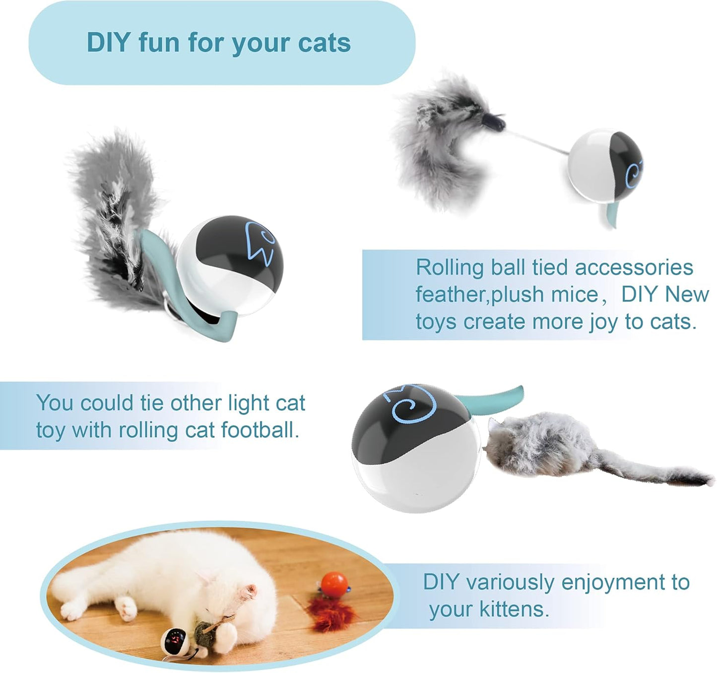 Interactive Cat Ball Toy Set - Automatic Rolling Chase Ball with Fluffy Tail and Small Mouse, Rechargeable (White)
