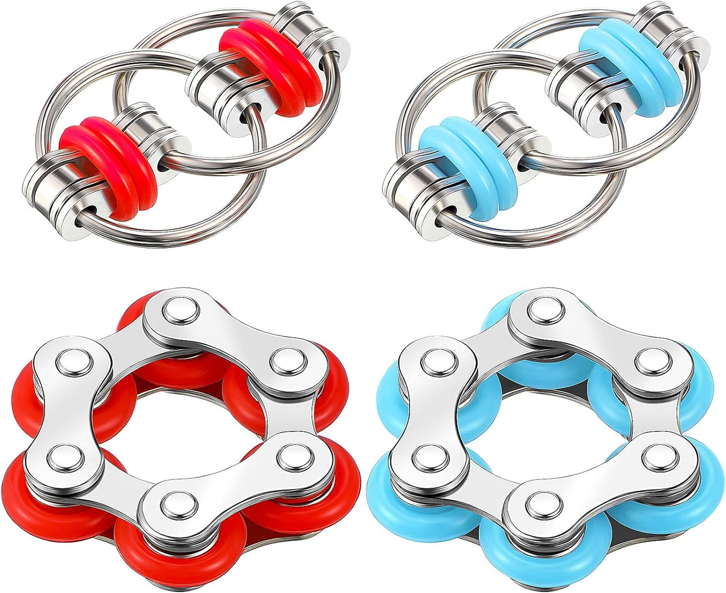 4 Pcs Fidget Toy Set Flippy Roller Chain, Six Roller Fidget Stress Reducer Bike Chain Toys Gift for Adults in Learning ADHD, Add, Autism, Anxiety Relief(Red, Blue)