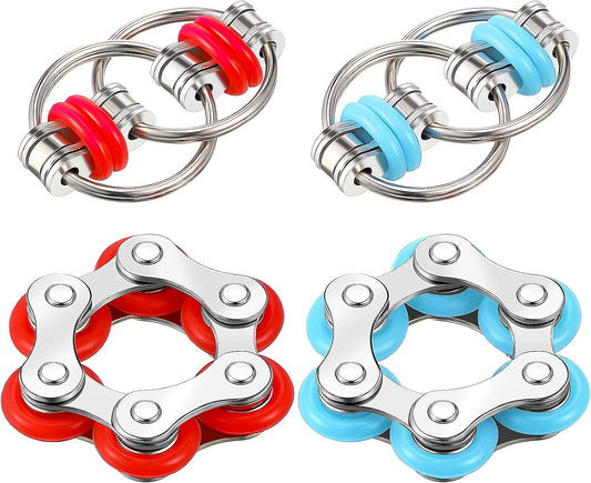 4 Pcs Fidget Toy Set Flippy Roller Chain, Six Roller Fidget Stress Reducer Bike Chain Toys Gift for Adults in Learning ADHD, Add, Autism, Anxiety Relief(Red, Blue)