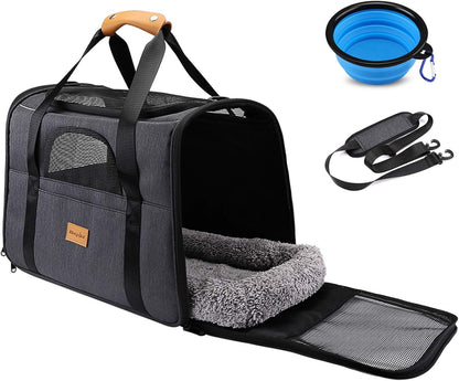 Portable Pet Carrier Bag, Top Opening, Removable Mat and Breathable Mesh, Foldable Transport Carrier for Dogs and Cats, with Shoulder Strap and Pet Bowl, Grey