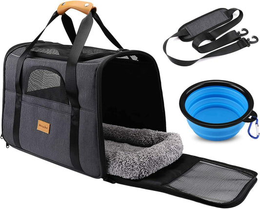Portable Pet Carrier Bag, Top Opening, Removable Mat and Breathable Mesh, Foldable Transport Carrier for Dogs and Cats, with Shoulder Strap and Pet Bowl, Grey