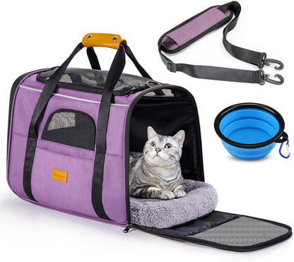 Portable Pet Carrier Bag, Top Opening, Removable Mat and Breathable Mesh, Foldable Transport Carrier for Dogs and Cats, with Shoulder Strap and Pet Bowl, Grey