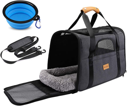 Portable Pet Carrier Bag, Top Opening, Removable Mat and Breathable Mesh, Foldable Transport Carrier for Dogs and Cats, with Shoulder Strap and Pet Bowl, Grey
