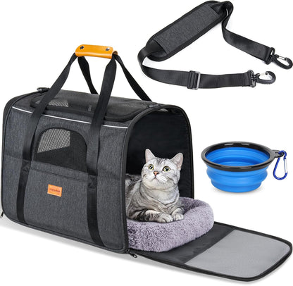 Portable Pet Carrier Bag, Top Opening, Removable Mat and Breathable Mesh, Foldable Transport Carrier for Dogs and Cats, with Shoulder Strap and Pet Bowl, Grey