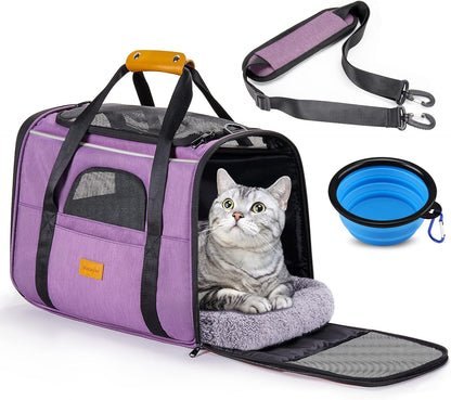 Portable Pet Carrier Bag, Top Opening, Removable Mat and Breathable Mesh, Foldable Transport Carrier for Dogs and Cats, with Shoulder Strap and Pet Bowl, Grey