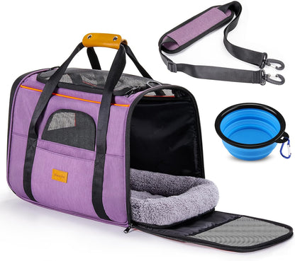 Portable Pet Carrier Bag, Top Opening, Removable Mat and Breathable Mesh, Foldable Transport Carrier for Dogs and Cats, with Shoulder Strap and Pet Bowl, Grey