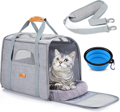 Portable Pet Carrier Bag, Top Opening, Removable Mat and Breathable Mesh, Foldable Transport Carrier for Dogs and Cats, with Shoulder Strap and Pet Bowl, Grey