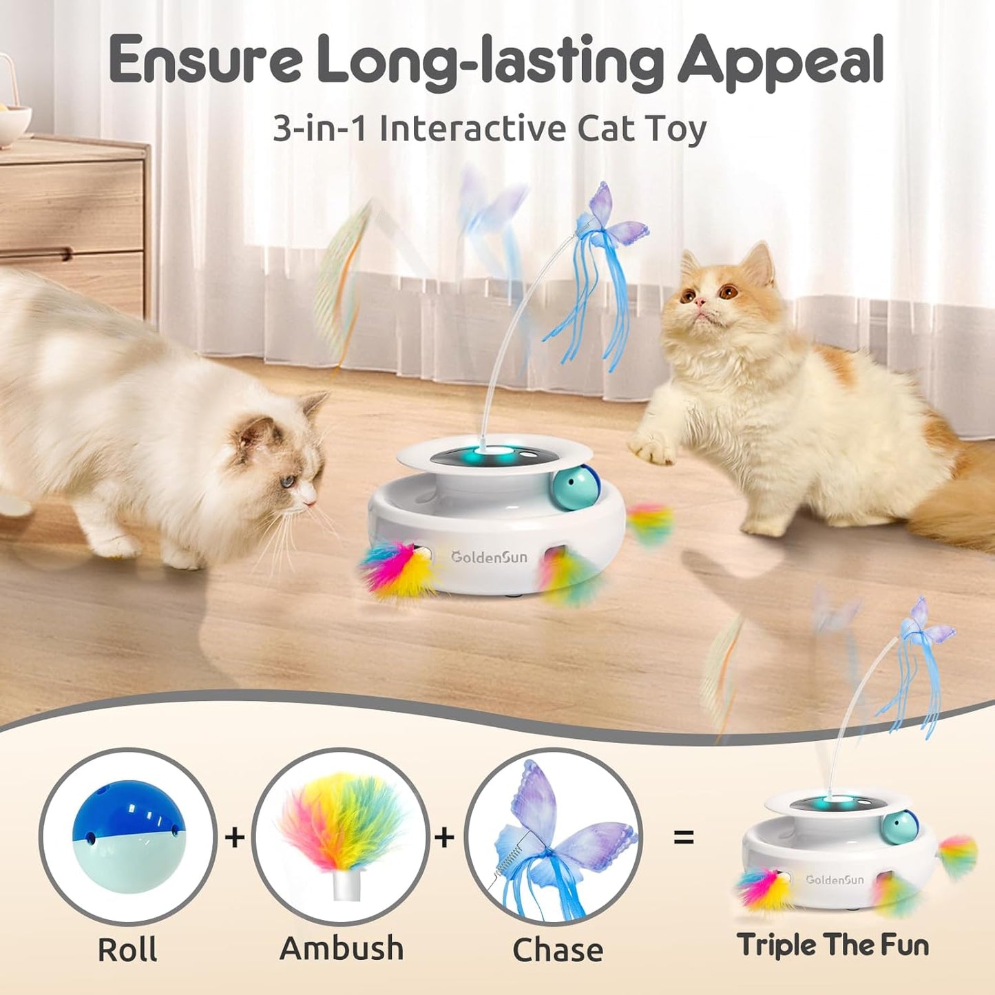Rechargeable 3-in-1 Interactive Feather Teaser