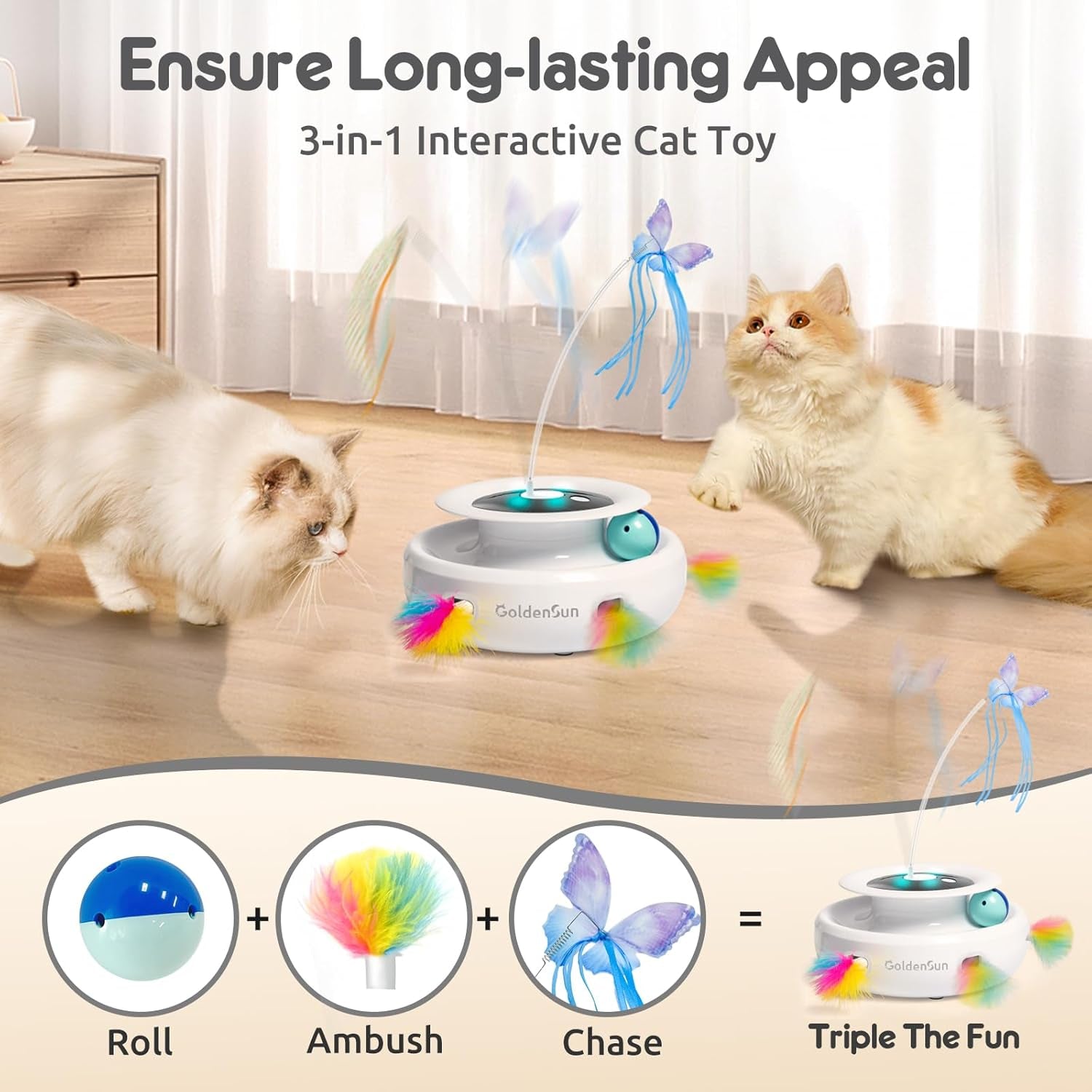 Rechargeable 3-in-1 Interactive Feather Teaser